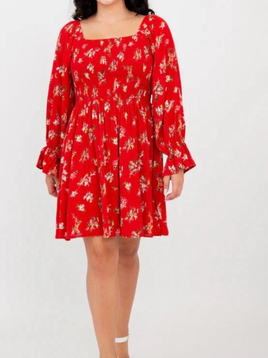 Blue Sky Dresses & Skirts - Blue Sky Red Floral Square-Neck Long-Sleeve Kids Dress